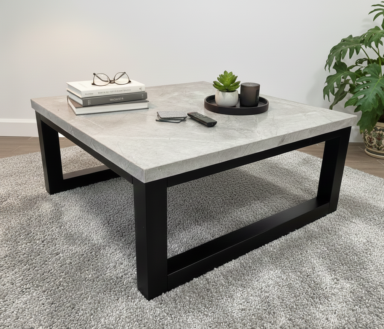Mesa Ratona de Dekton Vera con Regrueso de 4cm, Base Cubo de Madera Laqueada.